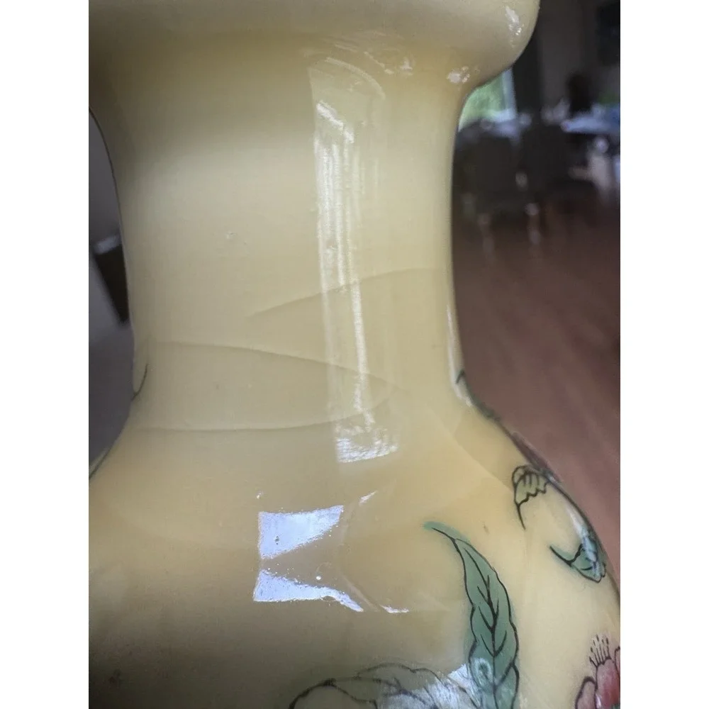 Vintage Chinese Peach Vase Hand Painted‎ Yellow Porcelain Decorated in Hong Kong